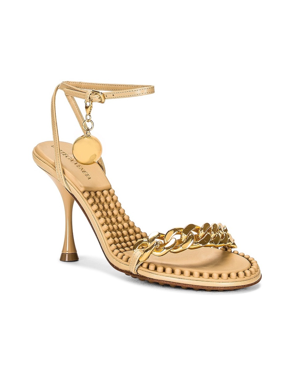 Bottega Veneta Tan Leather High-Heel Sandal with Gold Chain